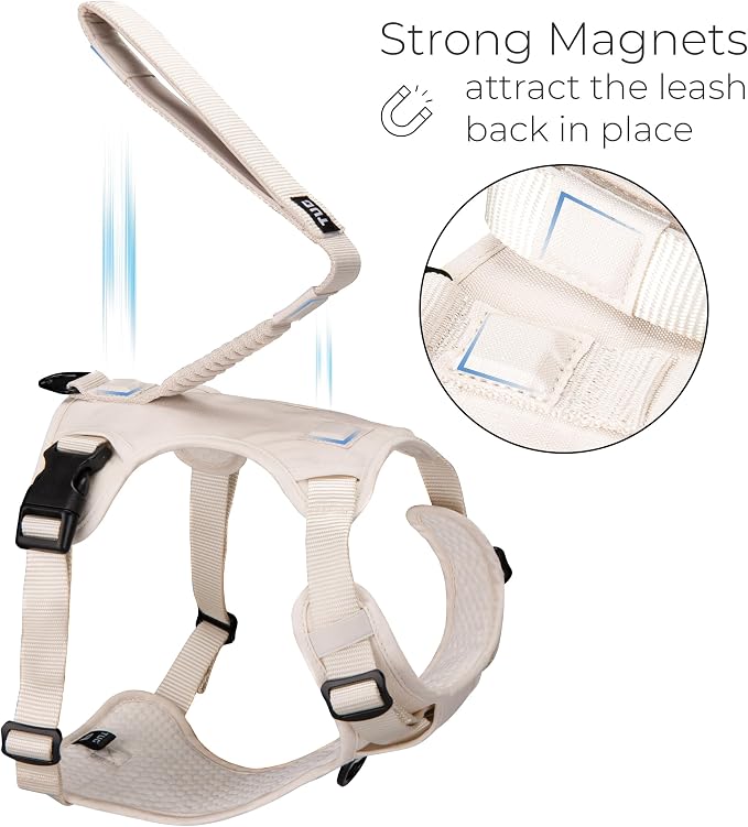 TUG Grab Dog Harness with Built-in Magnetic Traffic Leash (Large/Cream) | Padded Magnetic Traffic Handle | Dual Leash Clips | 4-Point Adjustable Fit | Durable Nylon