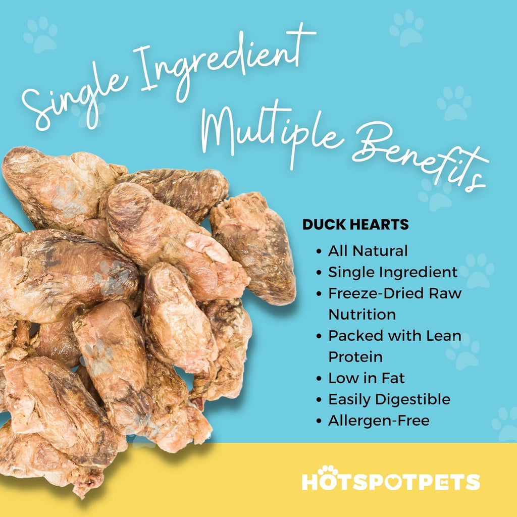 hotspot pets Freeze Dried Duck Heart Treats for Cats & Dogs - Made in USA, 1LB Big Bag - Single Ingredient All Natural Grain-Free Duck Hearts - Perfect for Training, Topper or Snack