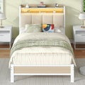 Twin Bed Frame with Storage Headboard, Metal Platform Bed Frames Twin with LED Lights and Charging Station, Heavy Duty Metal Slats, No Box Spring Needed, Easy Assembly, Beige