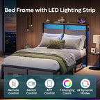 Bestier Queen Bed Frame with Storage Headboard and Charging Station, Grey Platform Bed Frame with LED Light, Non-Slip Metal Bed Frame, Noise-Free, Easy Assembly