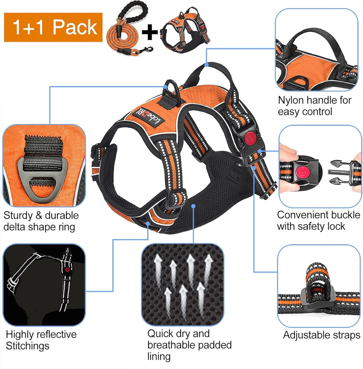No Pull Dog Harness Adjustable Reflective Oxford Easy Control Medium Large Dog Harness with A Free Heavy Duty 5ft Dog Leash (L (Chest: 25.5"-31"), Orange Harness+Leash)