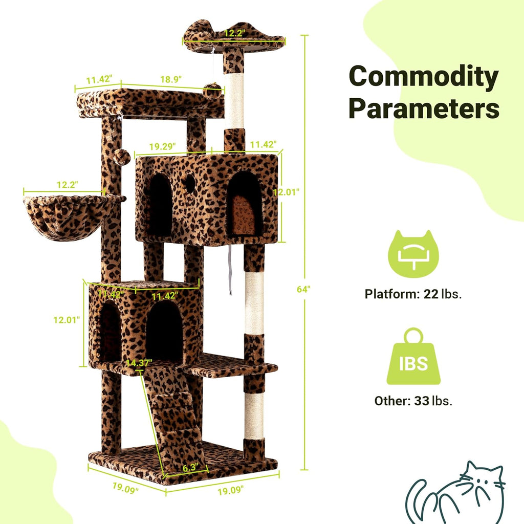 Allewie 64 Inches Cat Tree Tower/Multi-Level Activity Center for Indoor Big Felines/2 Plush Condos/2 Perchs/Basket/House/Sisal Scratching Posts/Hanging Cat Toys/Leopard Print