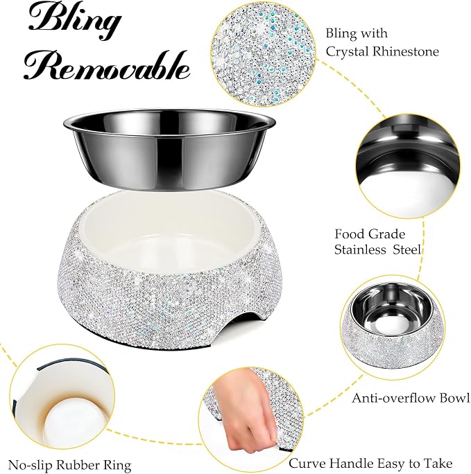 SlowVibes Bling Stainless Steel Dog Cat Bowl, Detachable, 18 oz | Rhinestone metal food or water bowl for medium large dogs and cats, rust-resistant non-slip puppy dish, sparkle pet essential
