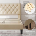 Feonase Queen Bed Frame with Diamond Tufted Wingback Headboard, Morden Upholstered Platform Bedframe, Sturdy Wooden Slats Support, Noise-Free, Easy Assembly, No Box Spring Needed, Beige