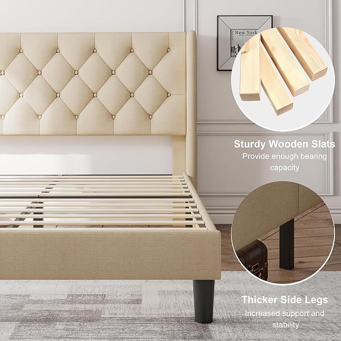 Feonase Queen Bed Frame with Diamond Tufted Wingback Headboard, Morden Upholstered Platform Bedframe, Sturdy Wooden Slats Support, Noise-Free, Easy Assembly, No Box Spring Needed, Beige