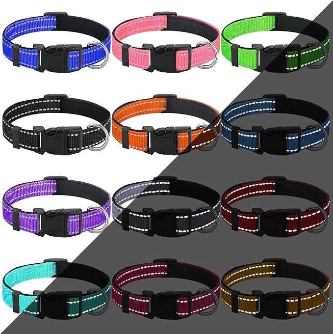 Sanwuta 12 Pcs Reflective Puppy Dog Collars Bulk for Litter Dogs Adjustable Safety Nylon Collars with Locking Buckle Soft Padded Breathable Puppy Collar for Cats Pets(Small)