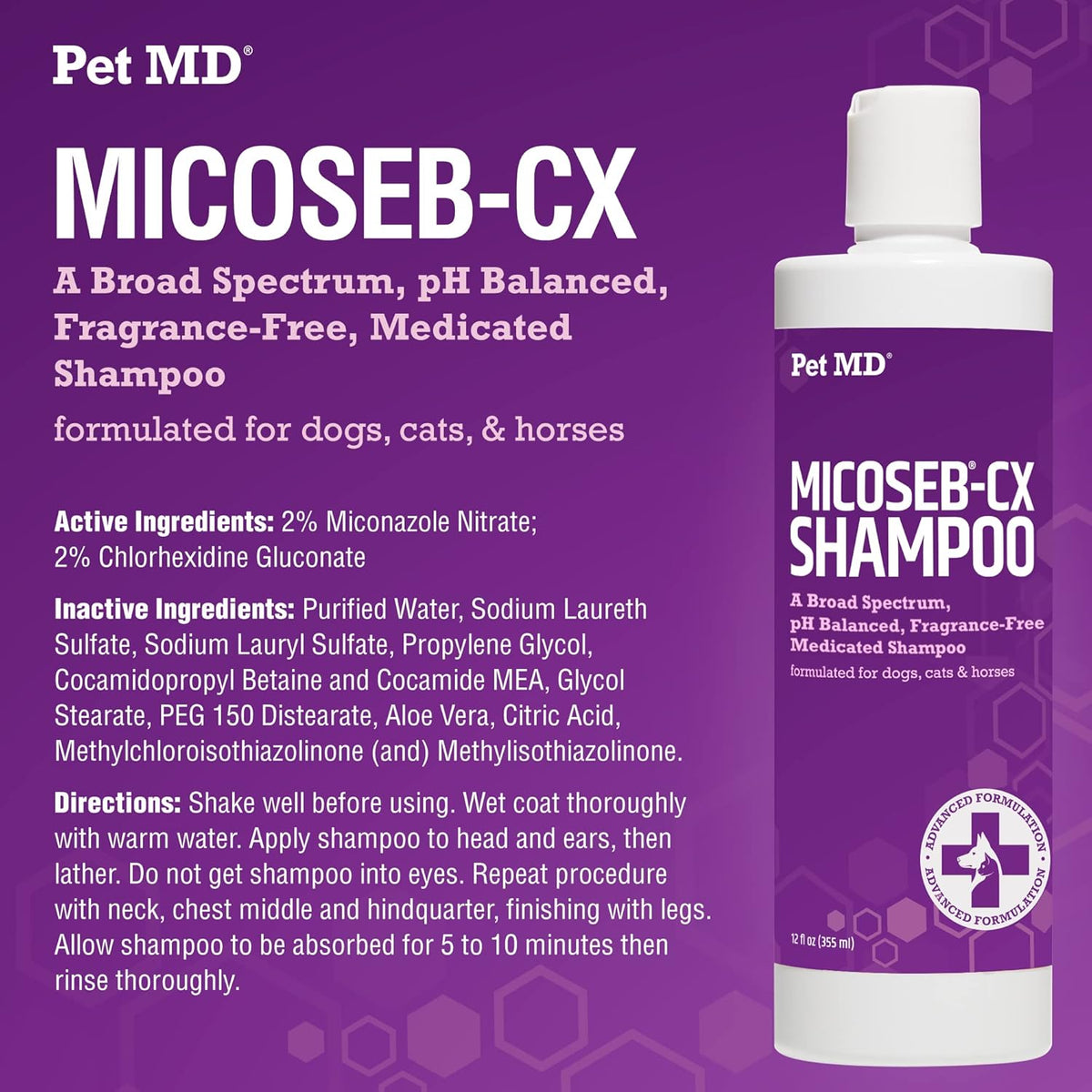Pet MD Micoseb-CX Topical Shampoo for Dogs, Cats, & Horses with Miconazole - 12 oz