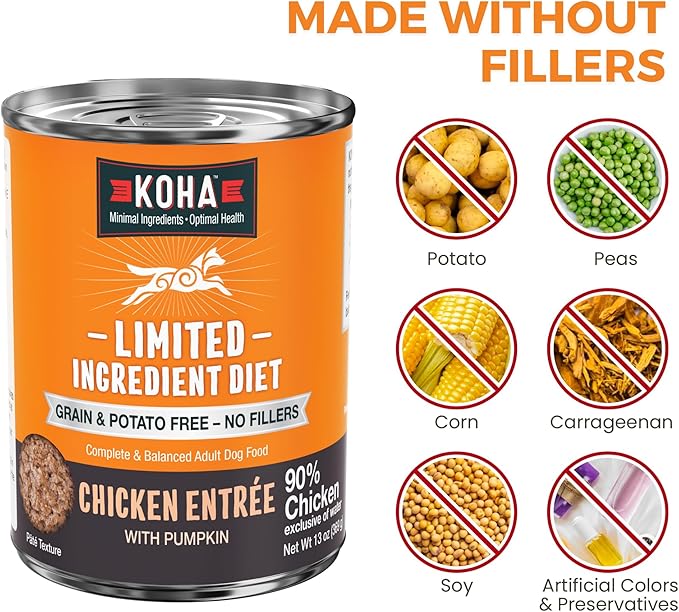 KOHA Limited Ingredient Diet Chicken Entrée for Dogs - Grain Free Wet Dog Food with No Fillers - Sesnsitive Stomach Chicken Dog Food - 13 oz Pack of 12