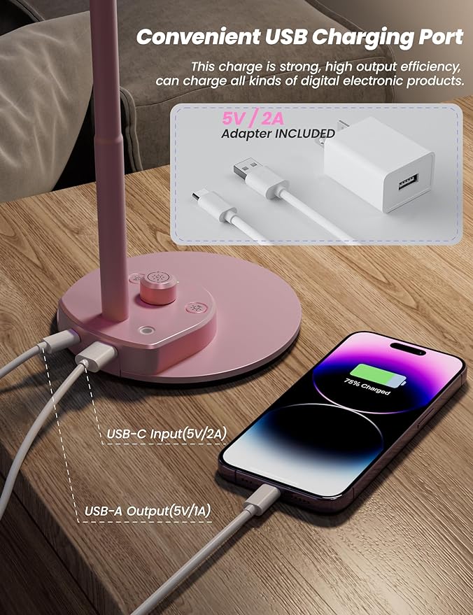 BOHON Cute Desk Lamp with USB Charging Port, Pink Lamp 3 Color Modes Dimmable LED Reading Lamp, Flexible Neck Auto Dimming Table Task Light for Home Office Dorm Bedside, Pink