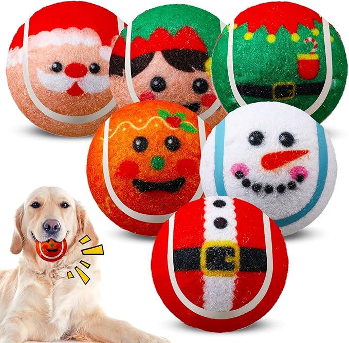 Civaner 6 Pcs Christmas Squeaky Tennis Balls for Dogs 2.5 Inch Bulk Dog Toys Ball for Small Medium Large Dogs Puppy Chew Teething Toy Interactive Training Xmas Gifts Stocking Stuffers (Santa)