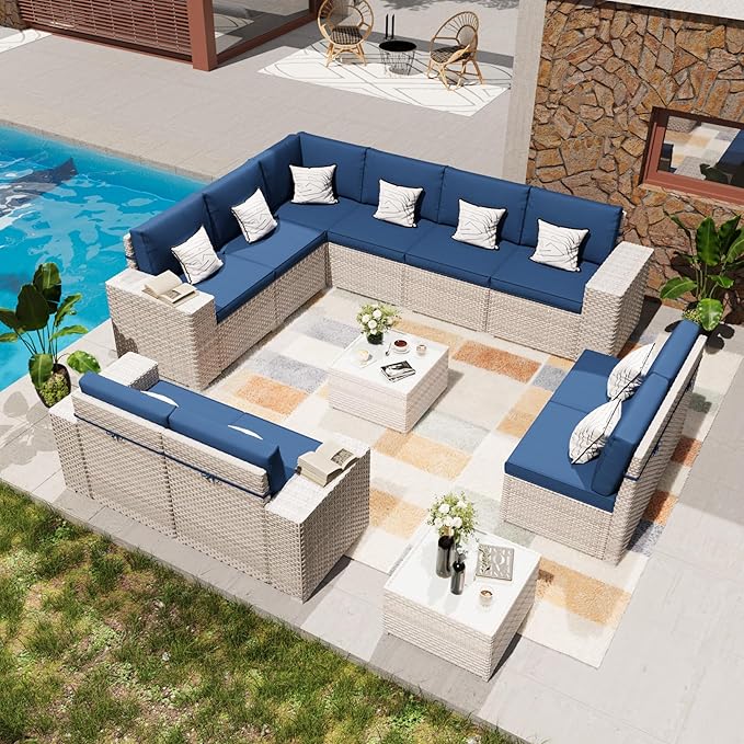 12-Piece Patio Furniture Set, Outdoor Extra Wide Armrest Modular Patio Sofa, Dual-Strand Rattan Wicker, Rust-Resistant Frame, Backyard High Back, Large Seat Furniture for Porch Garden Balcony, Blue