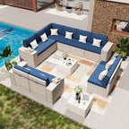 12-Piece Patio Furniture Set, Outdoor Extra Wide Armrest Modular Patio Sofa, Dual-Strand Rattan Wicker, Rust-Resistant Frame, Backyard High Back, Large Seat Furniture for Porch Garden Balcony, Blue