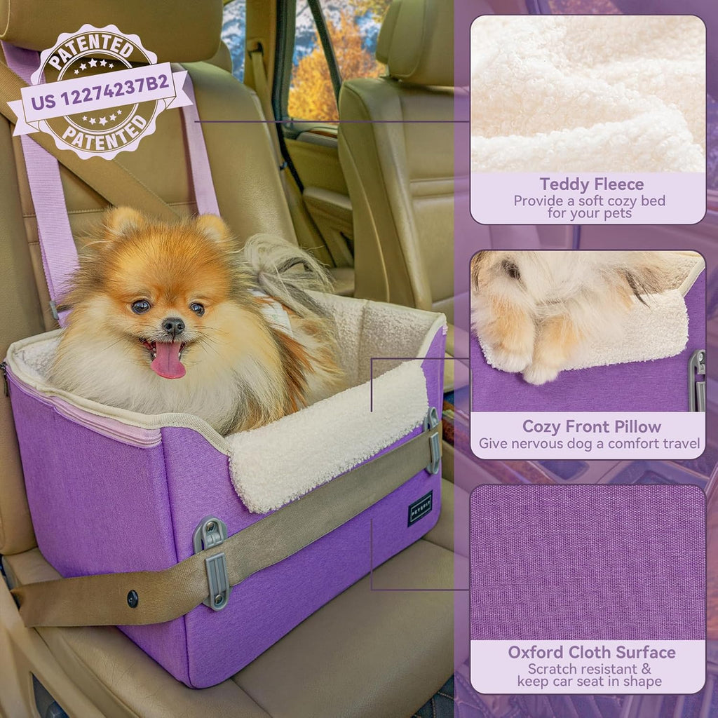 PETSFIT Small Dog Car Seat, Patent Safe Buckles Dog Booster Car Seat, Dogs Carseat with Safety Belt, Suitable for Small Pets Up to 25lbs (Purple)