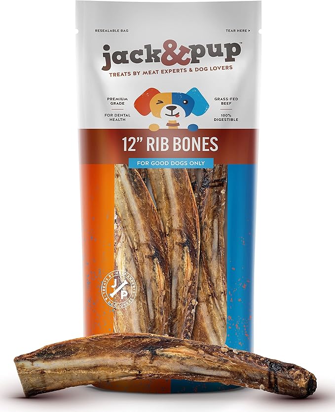 Jack&Pup 12" Rib Bones for Dogs, All Natural Dog Beef Bones, Single Ingredient Bone Marrow, Real Bone for Dogs (6 Pack)