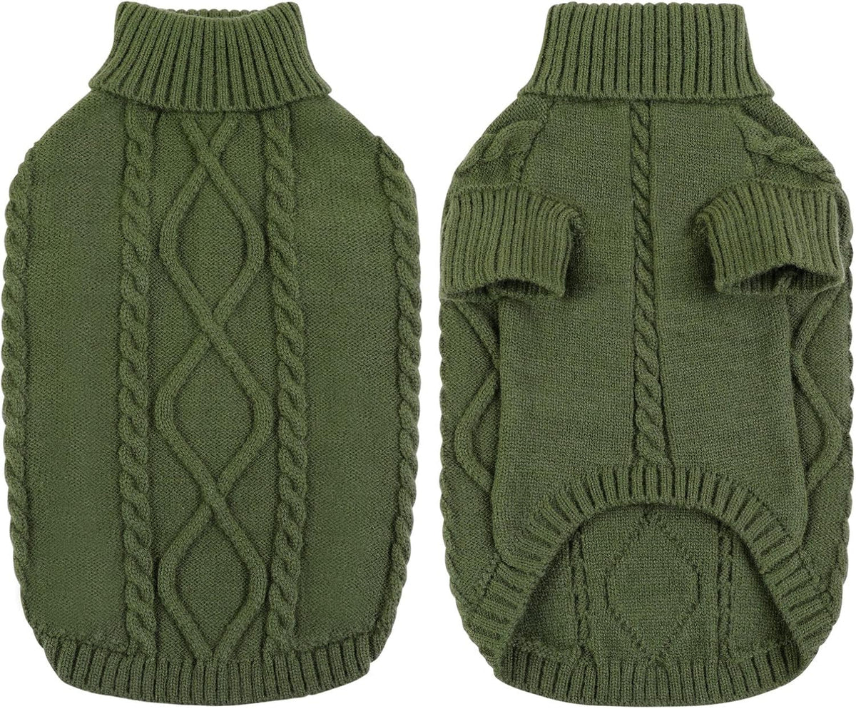 Queenmore Small Dog Pullover Sweater, Cold Weather Cable Knitwear, Classic Turtleneck Thick Warm Clothes for Chihuahua, Bulldog, Dachshund, Pug (Army Green, X-Large)