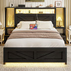 Full Size Rustic Bed Frame with Storage Born Door Headboard and Bedside Storage, Industrial Farmhouse Metal Platform Bed Frame with Charging Station and LED Lights, Black