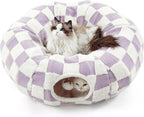 Lesure Donut Cute Jacquard Cat Tunnel Bed Kitten Toys for Puppy Bunny | 33.5x33.5x10in,Round Cat Bed Tube for Indoor Cats Rabbit Dog,Pet Peekaboo Cave Toy,Spiral Hideaway,Washable Cushion,Lavender