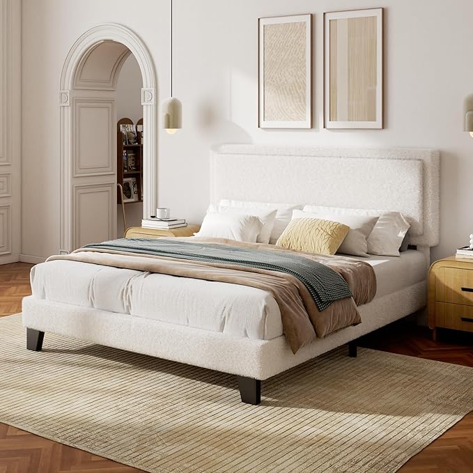 King Size Bed Frame with Adjustable Headboard, Boucle Cloud Platform Bed with Wood Slats, Mattress Foundation, No Box Spring Needed, Easy Assembly, Beige