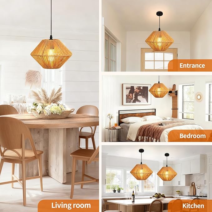 10''Natural Rattan Chandelier Pendant Lights -Small Farmhouse Boho Rattan Hanging lamp with Included E27 Bulb, 120V Wicker Pendant Lamps for Dining Room Kitchen Bedroom Living Room Island