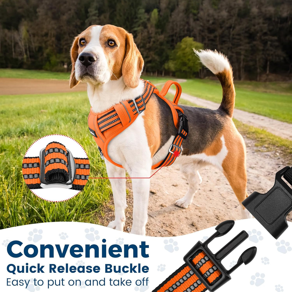 Funfox Dog Harness No Pull, Adjustable Pet Vest Harness, Super Soft Material with Vertical Handle Easy Control, Reflective Night Walking, 2 Leash Clips for Small Sized Dogs, Orange, S