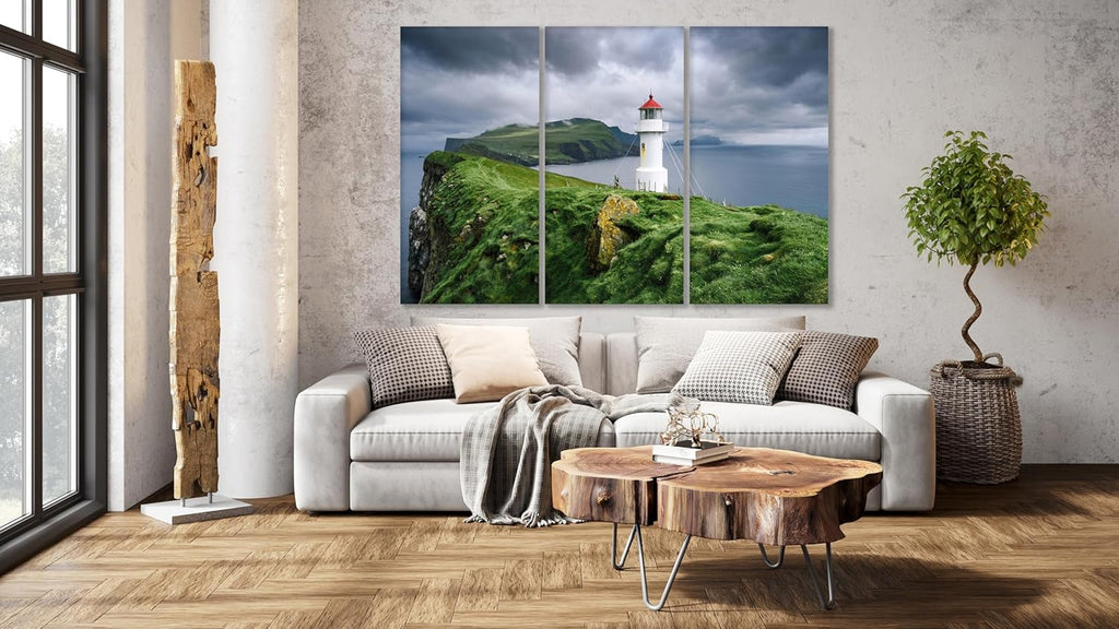 Nature Wall Art Prints - Ocean Forest Mountain Lake Canvas Landscapes - Small to Extra Large Living Room Bedroom Kitchen Bathroom Décor (Stormy Sky Lighthouse, 39L" x 59W" - 3 Panels)