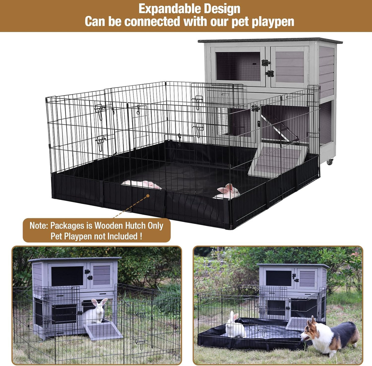 Rabbit Hutch Outdoor Indoor Bunny Cage 2 with Large Pull-Out Trays 2 Story Guinea Pig Cage on Wheels- Move Freely
