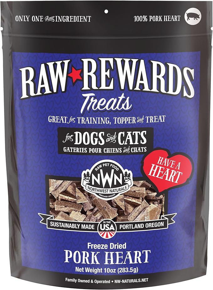 Northwest Naturals Raw Rewards Freeze-Dried Pork Heart Treats for Dogs and Cats - Bite-Sized Pieces - Healthy, 1 Ingredient, Human Grade Pet Food, All Natural, Proudly Made in USA, 10 Oz