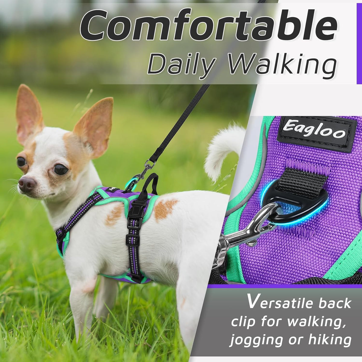 Eagloo Small Dog Harness No Pull, Service Vest with Reflective Strips and Control Handle, Adjustable and Comfortable for Walking, No Choke Pet Harness with 2 Metal Rings, Purple & Green, XS