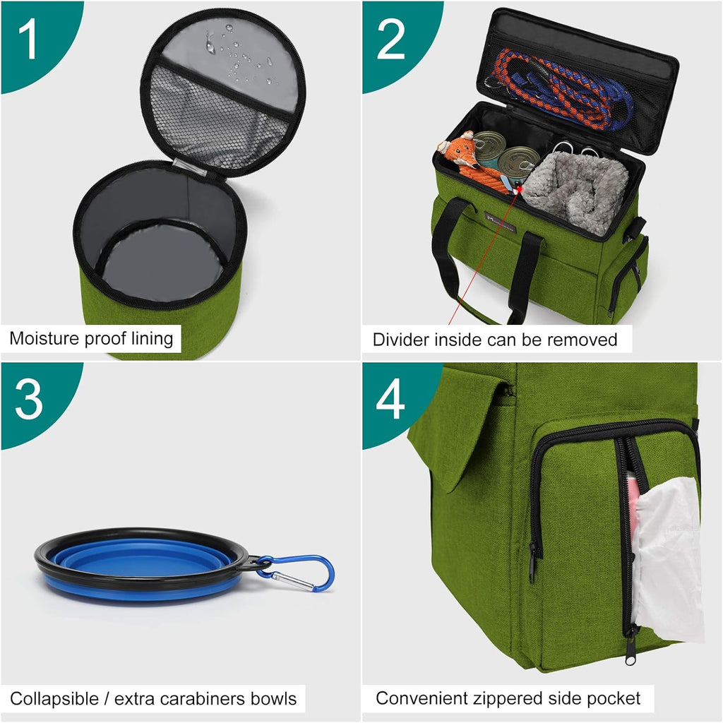 Modoker Dog Travel Bag, Weekend Pet Travel Set for Dog and Cat, Airline Approved Tote Organizer with Multi-Function Pockets and 2 Food Storage Containers, 2 Collapsible Bowls, 1 Feeding Mat (Green)