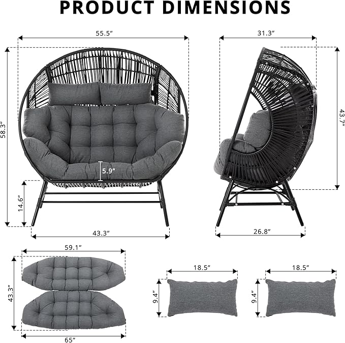 IRONCK 2 Person Egg Chair Outdoor Indoor, Oversized Double Wicker Lounge Chair, Thickened Padded Cushions and Headrests, 680Lbs Egg Loveseat for Patio, Balcony, Living Room, Porch, Gray