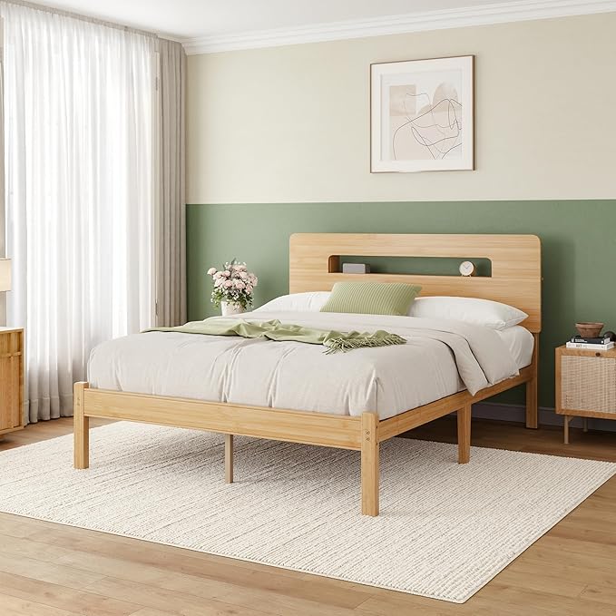 ZIYOO Solid Bamboo Wood Full Size Bed Frame with Storage Headboard, 14 inch Platform Bed Frame Full No Box Spring Needed with Steel Slats, Sturdy and Stable, Easy Assembly, Noise Free