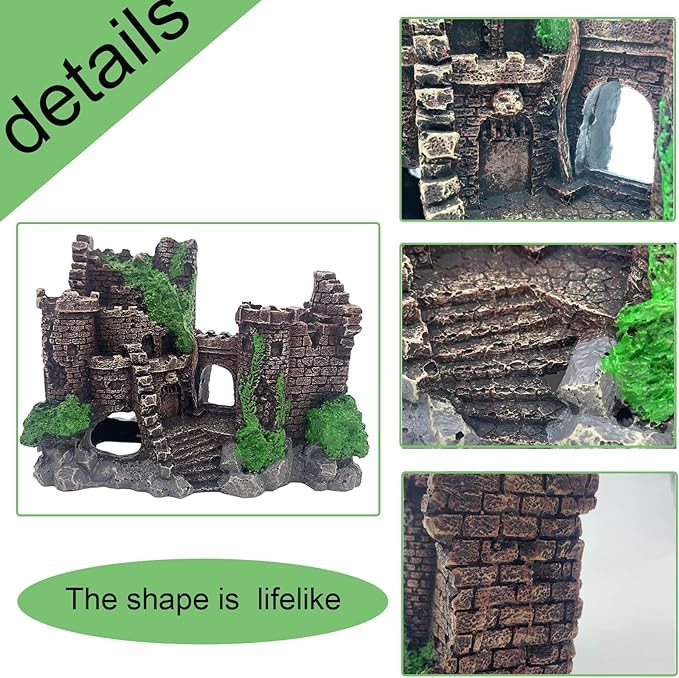 Aquarium Resin Castle Decoration,Ancient Design Fish Tank Ornaments Betta Hideout Stone Cave Accessories for Shrimp Turtle Guppy Crabs (3Pcs)