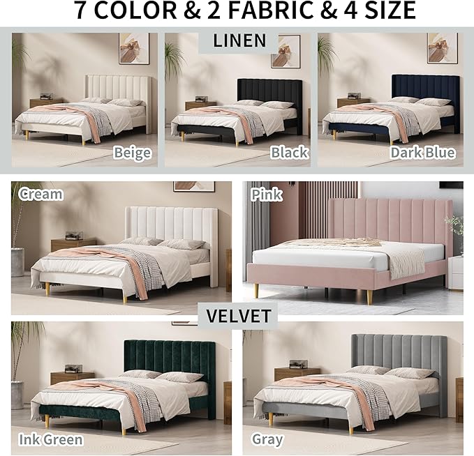 Twin Size Upholstered Platform Bed Frame with Modern Wingback & Vertical Panel Headboard, Velvet Fabric, Wooden Legs & Slats Support, No Box Spring Needed, Noise-Free & Easy Assembly, Grey