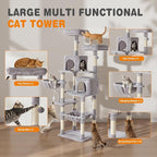 Large Cat Tree 71 Inch, Multi-Level Tall Cat Tree Tower with Condo, Perches, Sisal Scratching Posts and Hammock, Pet Play House with Dangling Balls for Indoor Cats, Light Grey