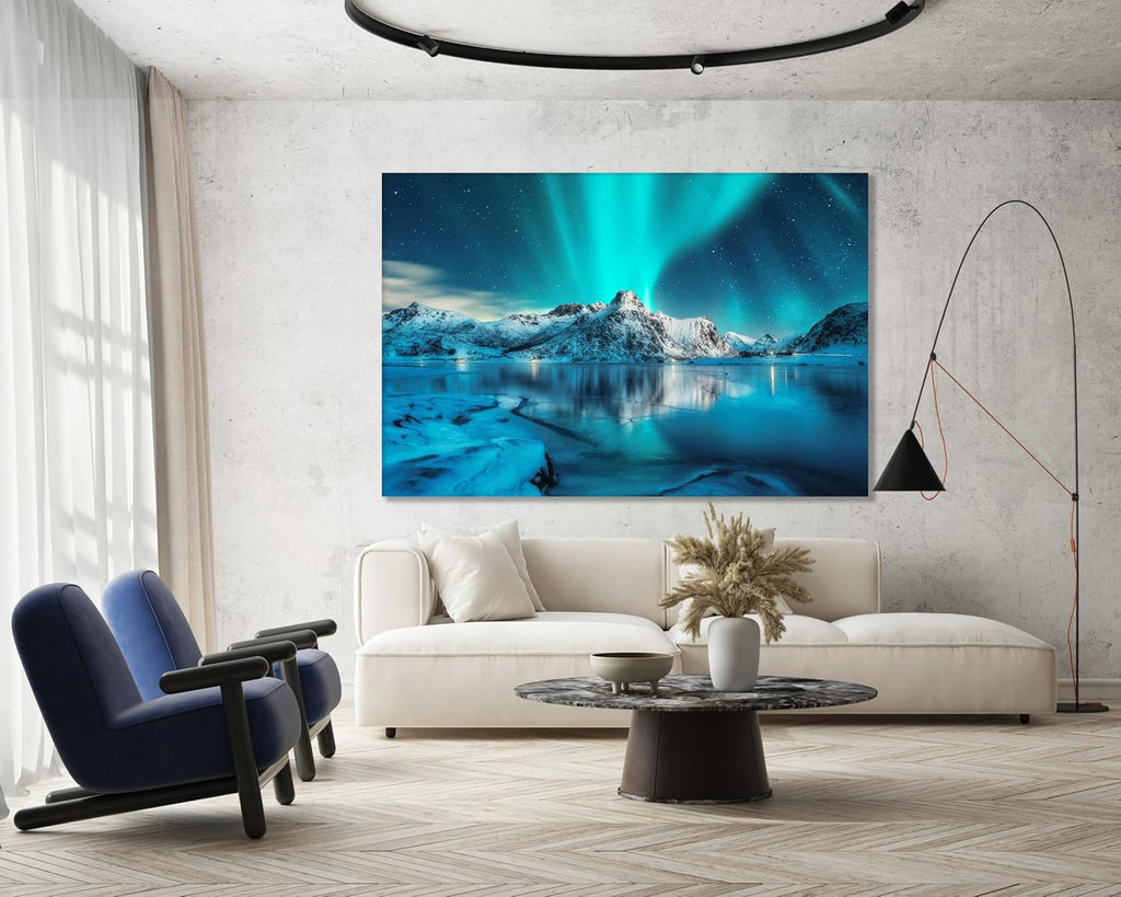 Nature Wall Art Prints - Ocean Forest Mountain Lake Canvas Landscapes - Small to Extra Large Living Room Bedroom Kitchen Bathroom Décor (Northern Lights Over Lake, 20L" x 30W")