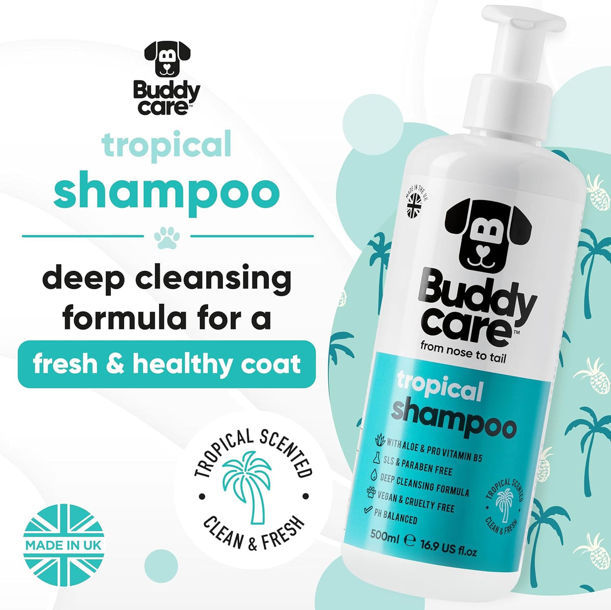 Tropical Dog Shampoo by Buddycare | Deep Cleansing Shampoo for Dogs | Tropical Scented | with Aloe Vera and Pro Vitamin B5 (50.72oz)