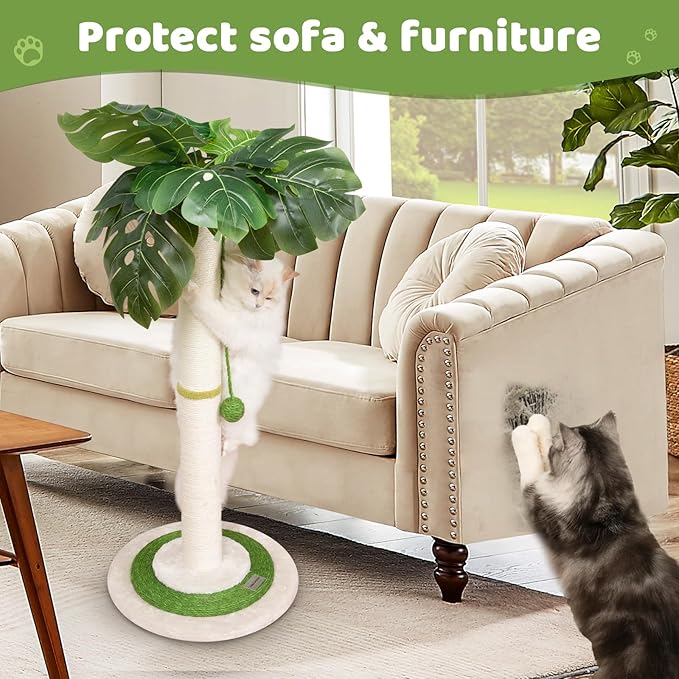 Meowoou Cat Scratching Post for Space-Saving,35” Tall Modern Monstera 3 Layer Cat Tree Tower with Sisal Rope Hanging Interactive Ball for Indoor Cats and Kitten Climbing,Play & Rest