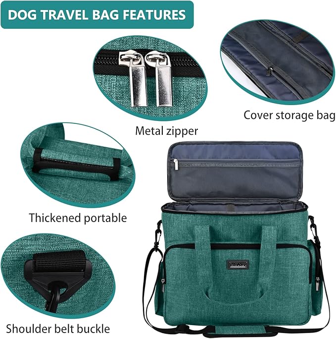 BAGLHER Dog Travel Bag, Airline Approved Pet Tote Organizer with Multi-Function Pockets, 2 X Food Storage Containers and 2 X Collapsible Bowls, Perfect Weekend Pet Travel Set for Dog, Cat Green
