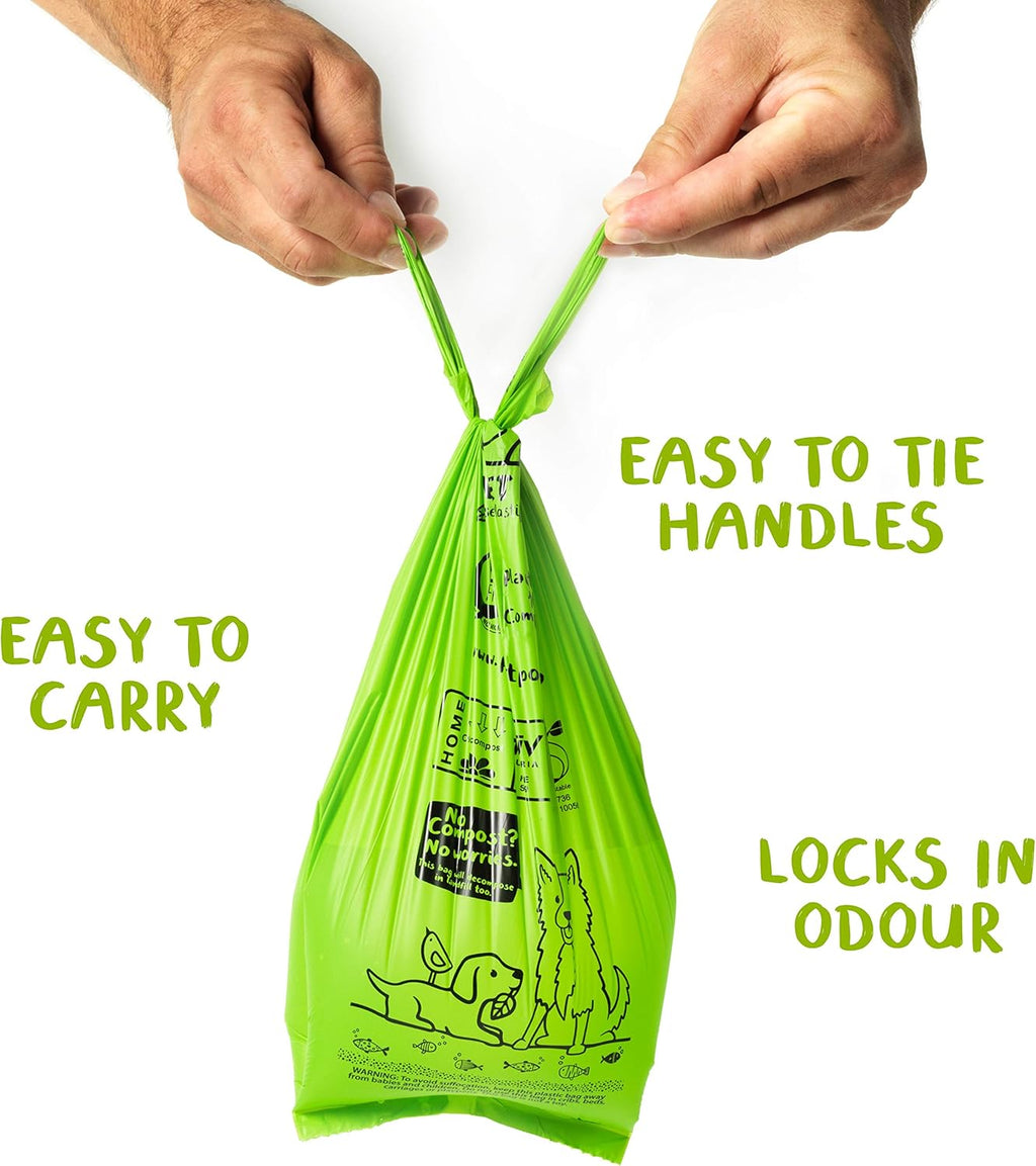 PLANET POOP Home Compostable Dog Poop Bags Extra Long with Handles | Large Single Roll 200 Grab & Go | Un-scented Dog Waste Bag | Leakproof Doggy & Cat Bags | Plant-Based Pet Supplies