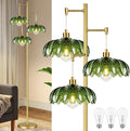 Gold Floor Lamps for Living Room Vintage Floor Lamp with Glass Lmapshape & Three Led Bulb,Green Floor Lamp Brass Mid Century Modern Standing Lamp Tall Tree Flower Floor Lamps for Bedroom,Office,Corner