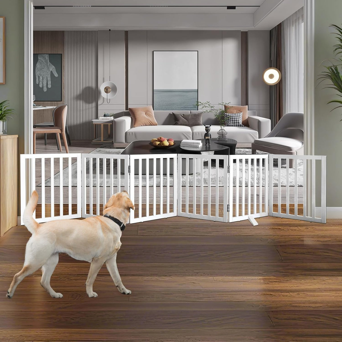 ZJSF Freestanding Indoor Dog Gate for House Foldable Wood White Puppy Gate for Doorways Pet Gate for Stairs Extra Wide Pet Fence 24" Height 6 Panels