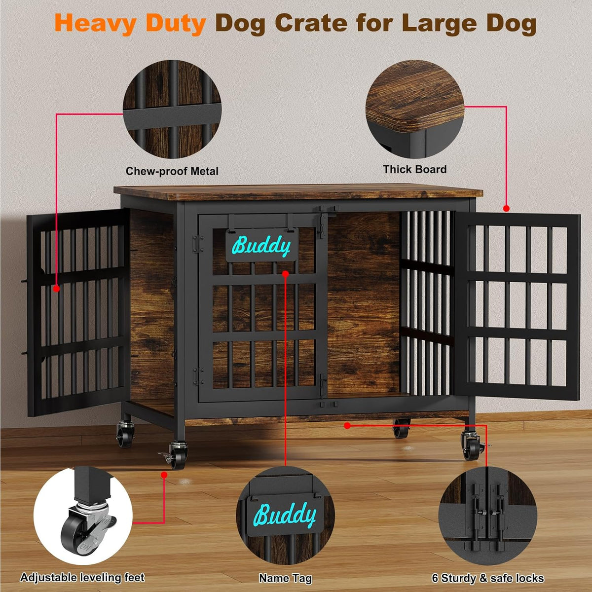 EasyCom 33"/27" Dog Crate Furniture with Name Tag, Heavy Duty Dog Kennel Indoor for Medium and Small Dogs, Double-Doors Sturdy Metal Dog Cage, Decorate House as TV Stand, End Table, Bedside Table