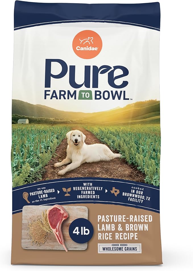 CANIDAE Pure Farm to Bowl Pasture-Raised Lamb & Brown Rice Dog Food, Adult Dog Food, 4lb