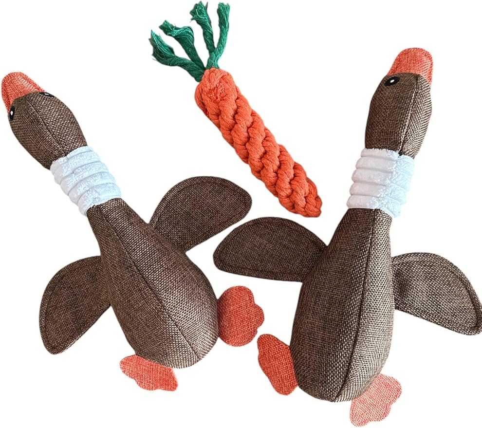 Dog Toy Bundle – 2 Durable Plush Squeaky Goose Toys + 1 Carrot Rope Chew Toy – Interactive Play Set for Small & Medium Dogs