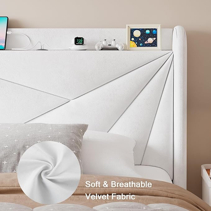 Twin Size Upholstered Bed Frame with Charging Station, Platform Bed Frame with Storage Headboard, Solid Wood Slats Support, No Box Spring Needed, White