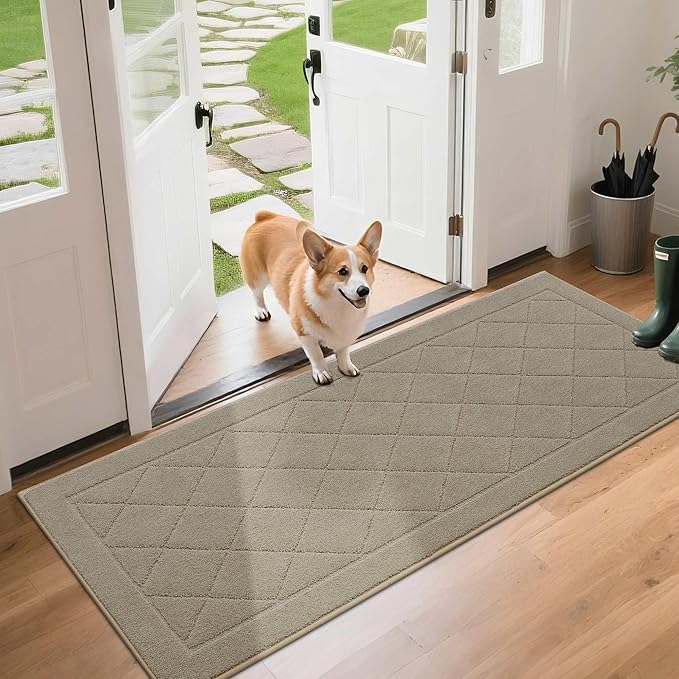 BEQHAUSE Dirt Trapper Door Mat 24" x 60", Doormat Non-Slip Entryway Rugs Washable, Dog Door Mat Stain Resistant and Absorbent Welcome Floor Mat for Front Back Door, Mud Wet Shoes & Paws, Beige