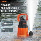 Cleartide Submersible Utility Water Pump, 8160 LPH High Flow, 100% Copper Motor, Thermoplastic Portable Plug & Work, Ideal for Pool, Flooded Basement, Hot Tub, Pond & Garden Draining,10 FT Cord