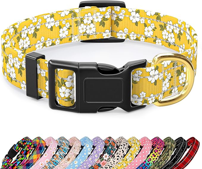 Reflective Dog Collar for Small Dogs, Cute Flower Theme Adjustable Heavy-Duty Nylon Puppy Collar for Boy and Girl Female, Soft Pet Accessories with Quick Release Buckle, Yellow