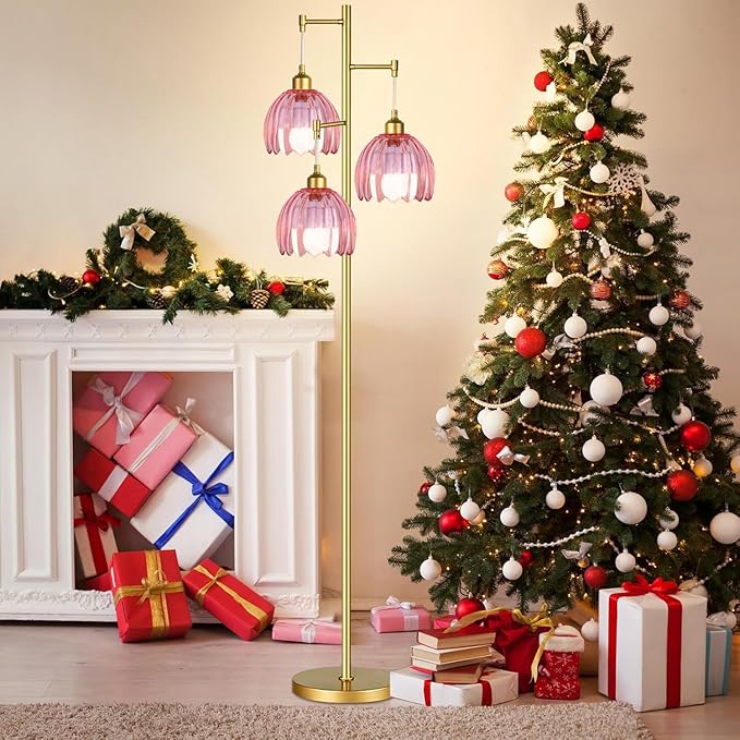 Gold Floor Lamps for Living Room Bedroom-3 Light Vintage Floor Lamp with Glass Lampshape & Three Bulbs,Mid Century Modern Standing Lamp Tall Tree Flower Floor Lamps for Bedroom Living Room,Corner