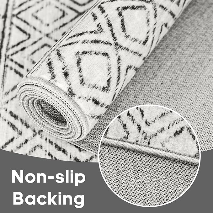 3x6 Runner Rug Washable - Moroccan Hallway Runners Non Slip Pets Friendly Rug Low Pile Soft Indoor Floor Mat Front Door for Kitchen Bedroom Entryway Laundry 3x6 Geo Grey